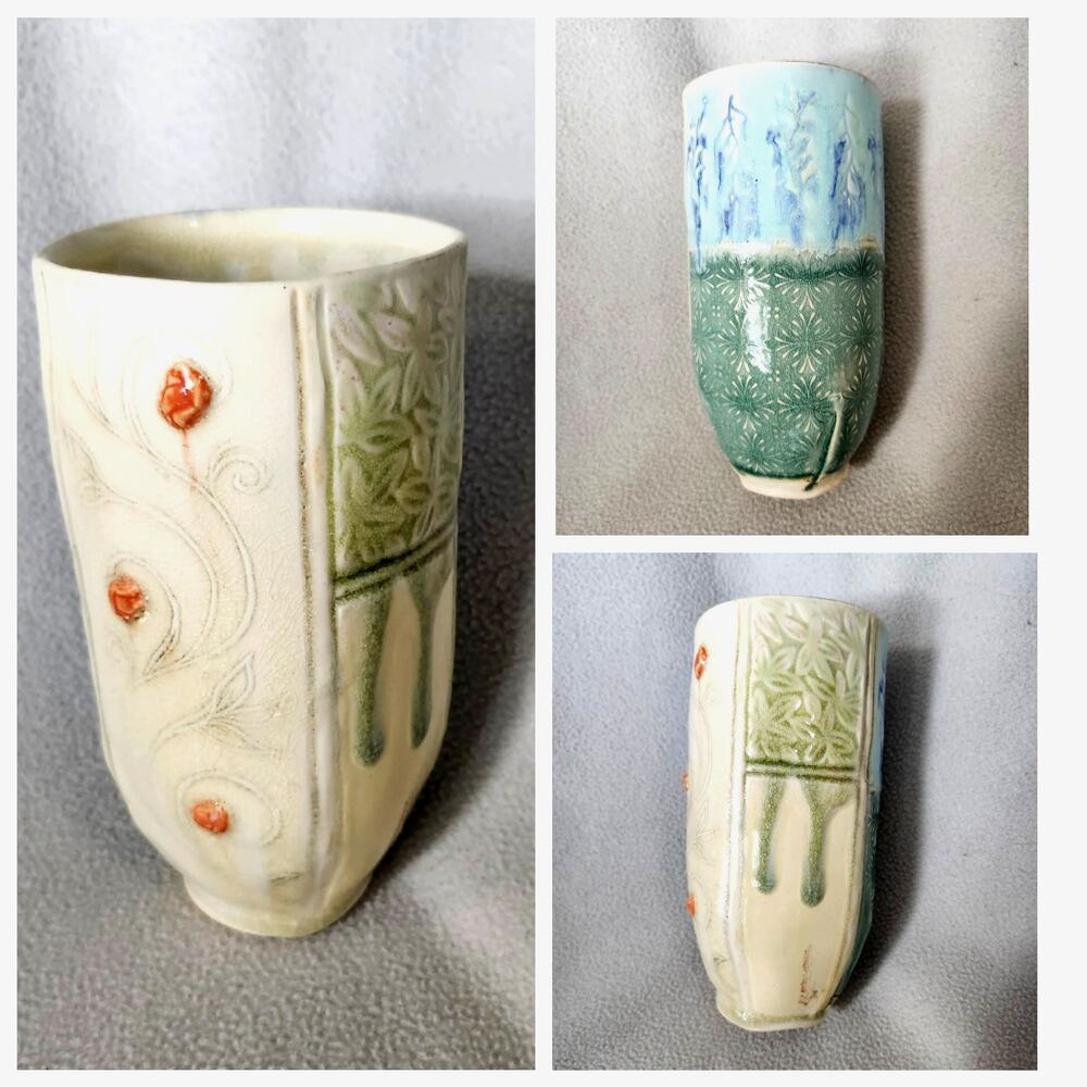 Katy McDougal Studio Pottery Vase Tumbler Artisan Handmade Drip Glaze